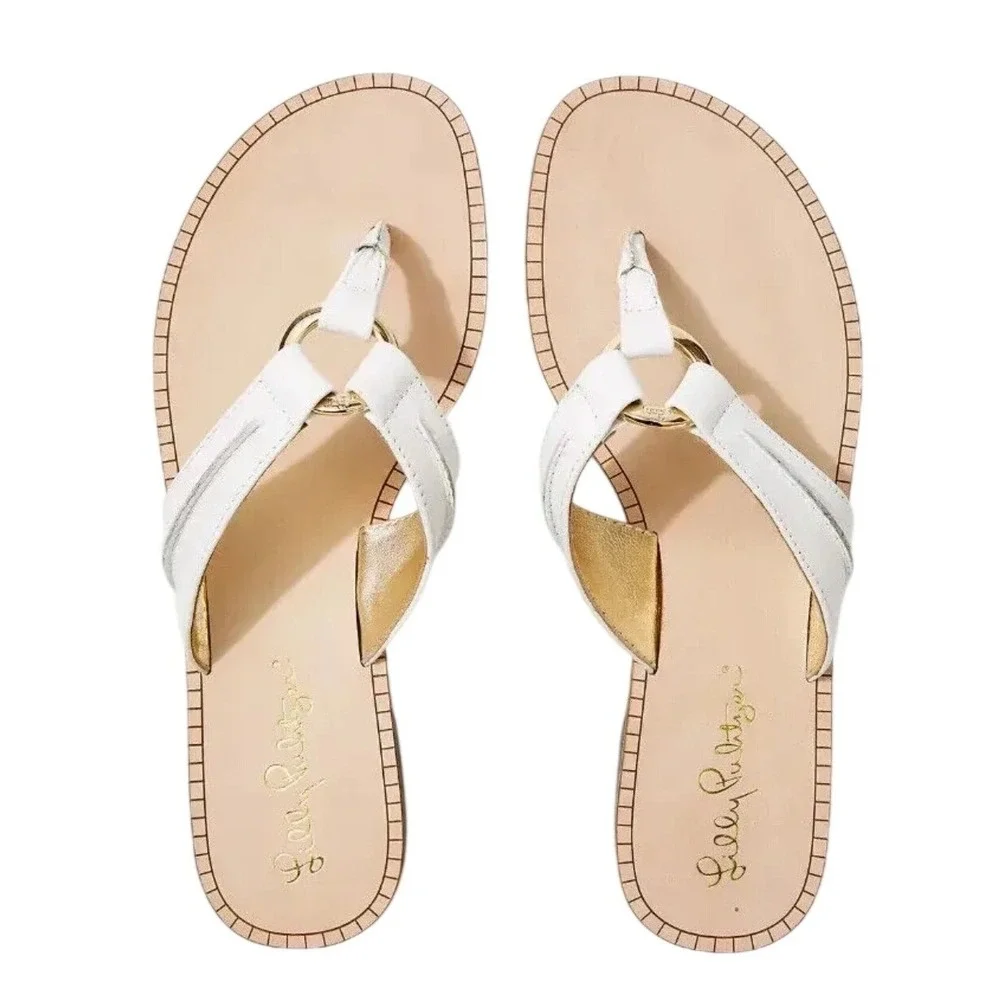 Lilly Pulitzer McKim Sandal Resort White Leather Thong Flat Gold Ring Size 6.5M